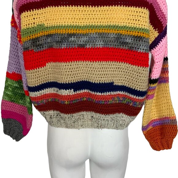 Scrap Yarn Colorful Crochet Sweater Jumper S Balloon Sleeve Crewneck Grandmacore - Picture 9 of 11